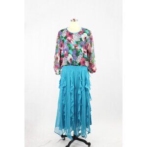 Vintage 80's DIANE FREIS Beaded Floral Turquoise Ruffle Silk Maxi Dress, Size L